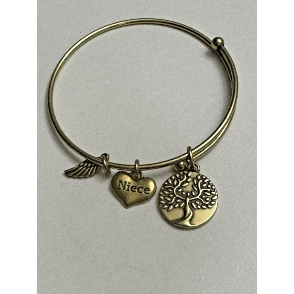 Gold Tone Adjustable Niece Charm Bangle Bracelet Angel Wing Tree of Life